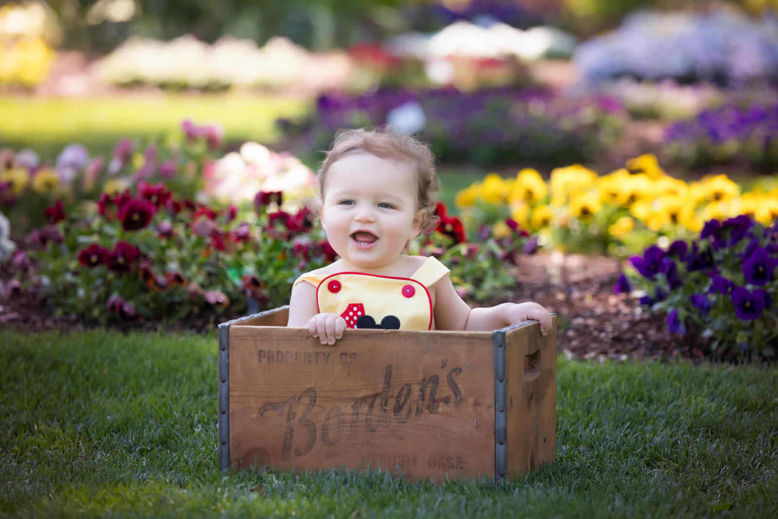 A young toddler sits in yellow overalls inside a wooden apple box midlothian pediatricians