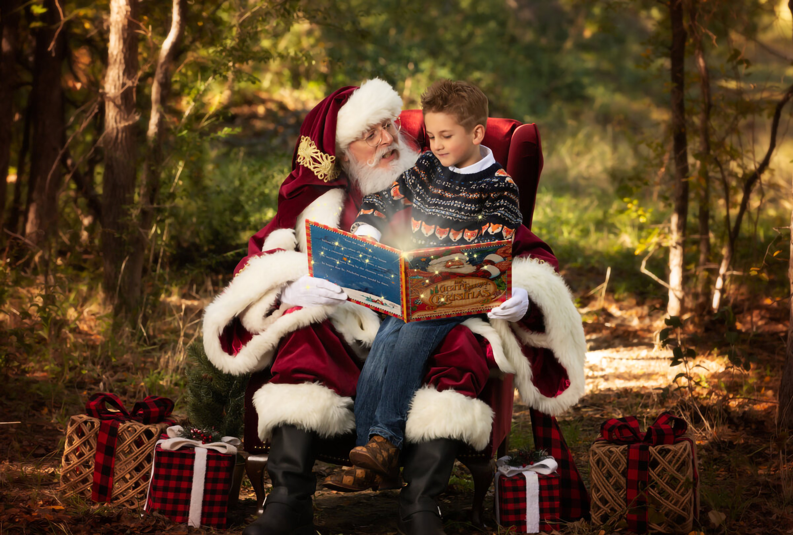Santa Claus reading to young boy fine art Santa photography