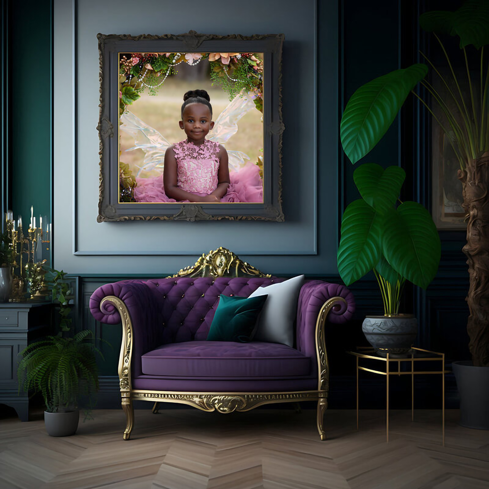 Portrait of a girl dressed as a fairy hanging above a sofa fine art fairy photographer