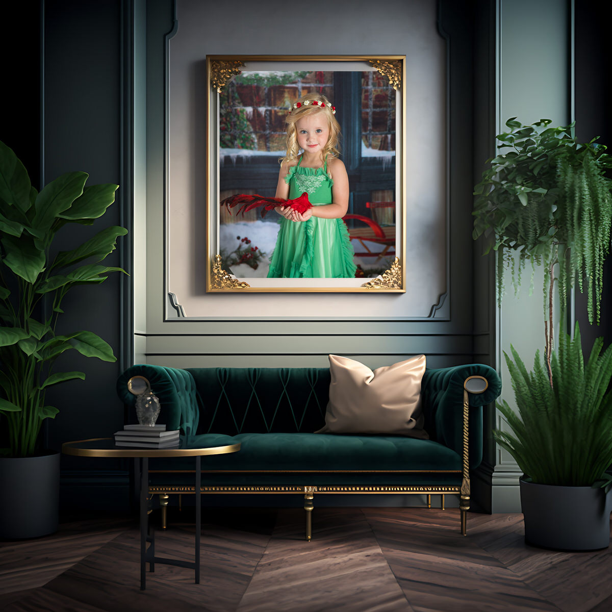 Portrait of girl in green dress posing for holiday photo hanging above couch