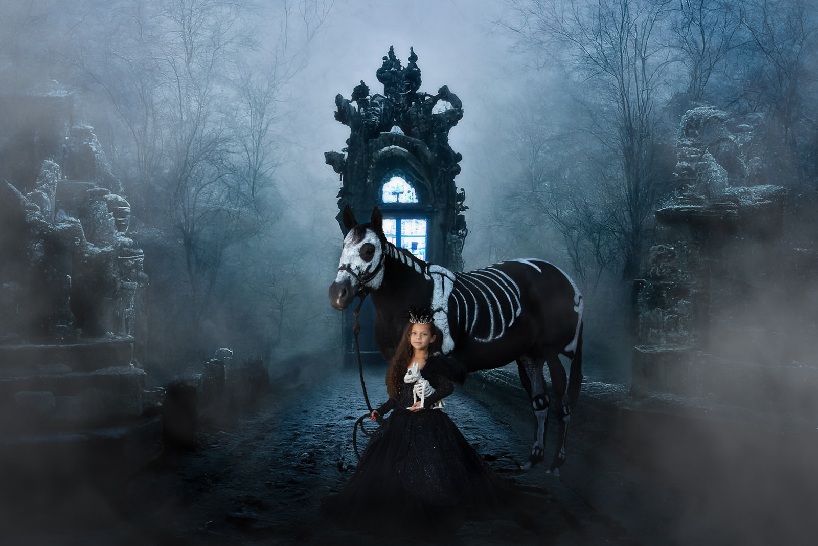 Spooky girl with skeleton horse Halloween photoshoot
